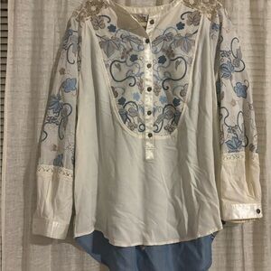 John Mark Blue and Cream Embroidered Blouse
